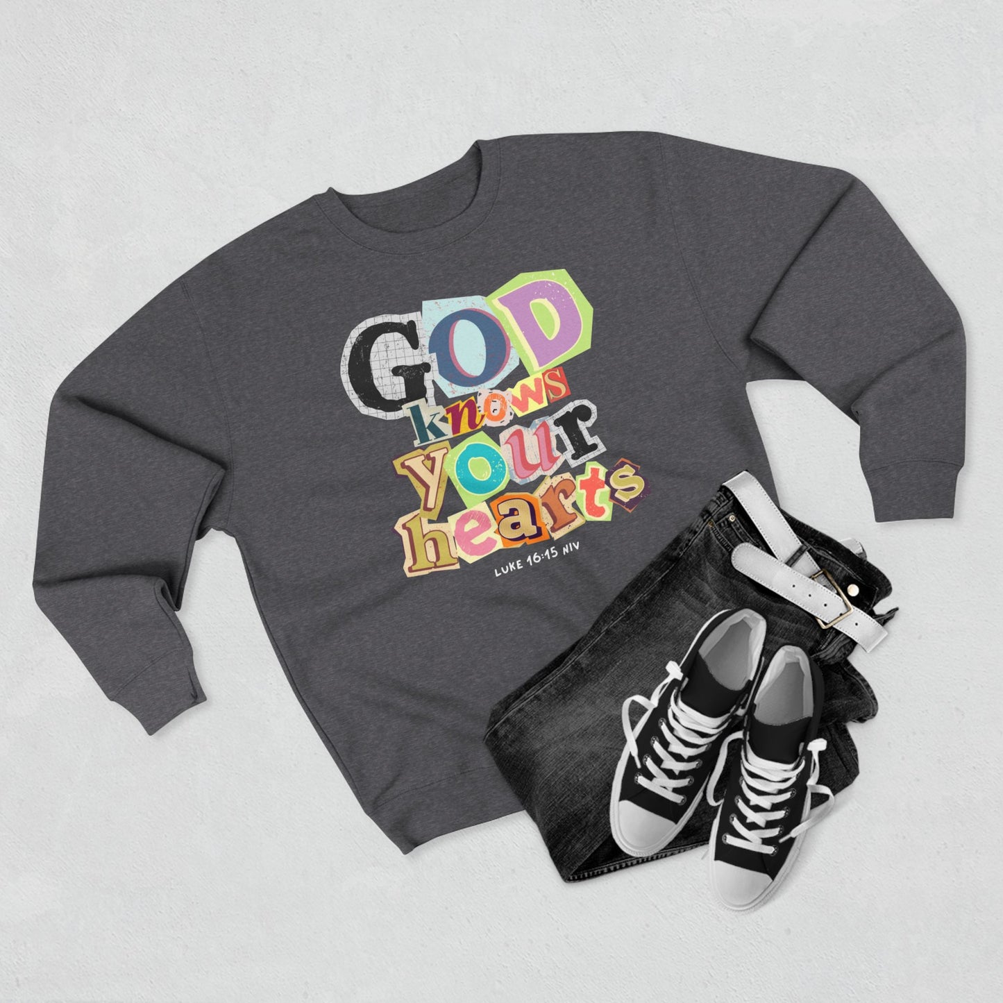 True World Creations Crewneck Sweatshirt - 'God Knows Your Hearts'