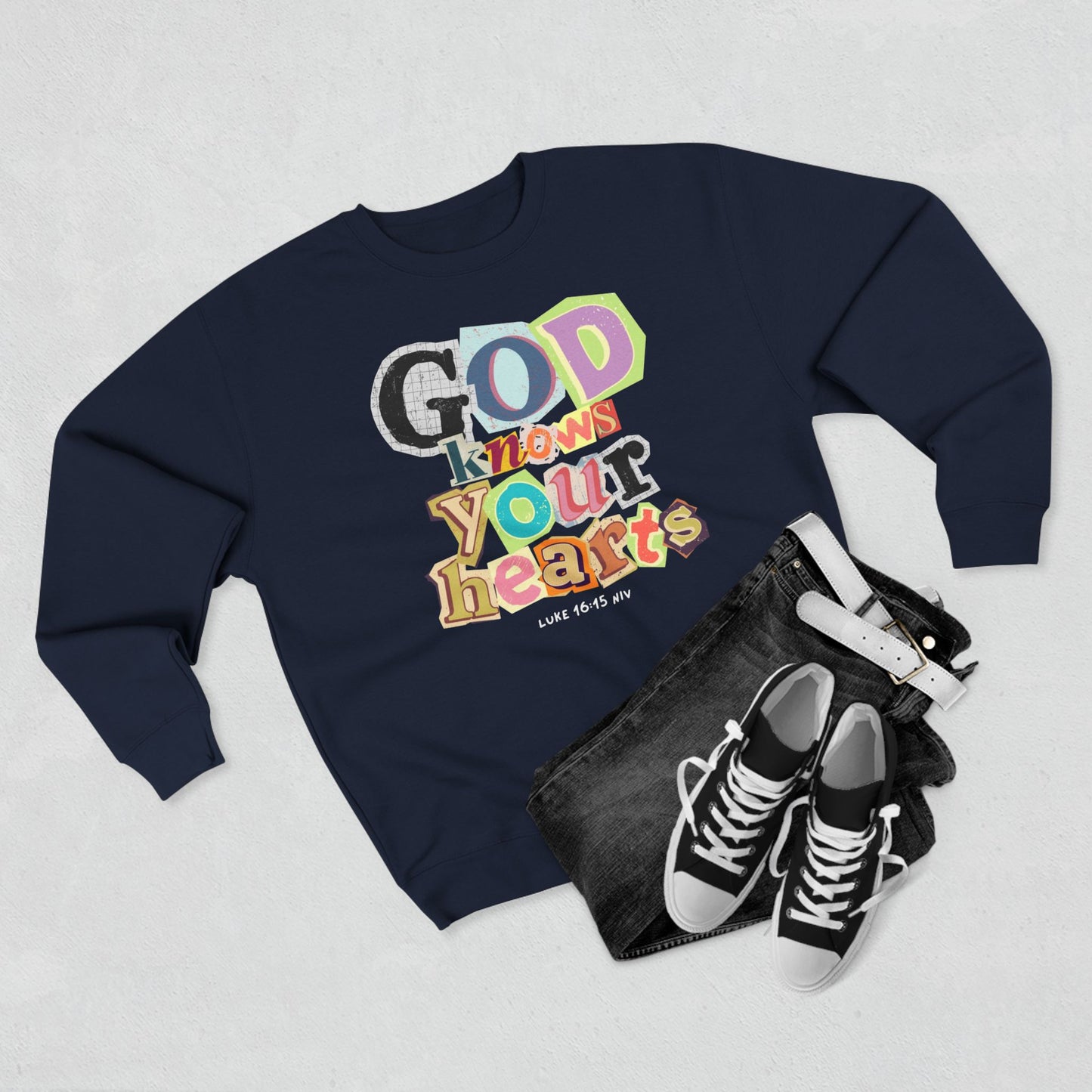 True World Creations Crewneck Sweatshirt - 'God Knows Your Hearts'