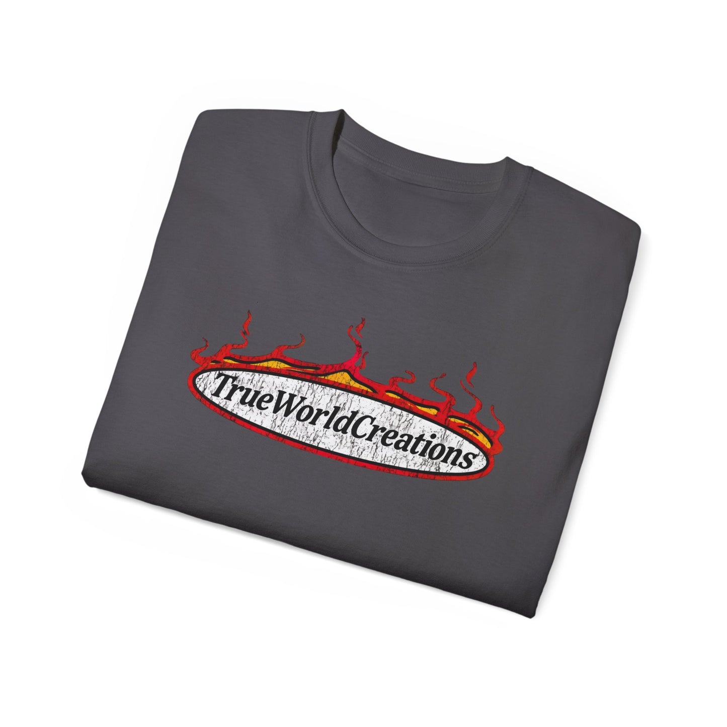 Graphic Tee — 'TrueWorldCreations' Flame Logo Cotton T-Shirt