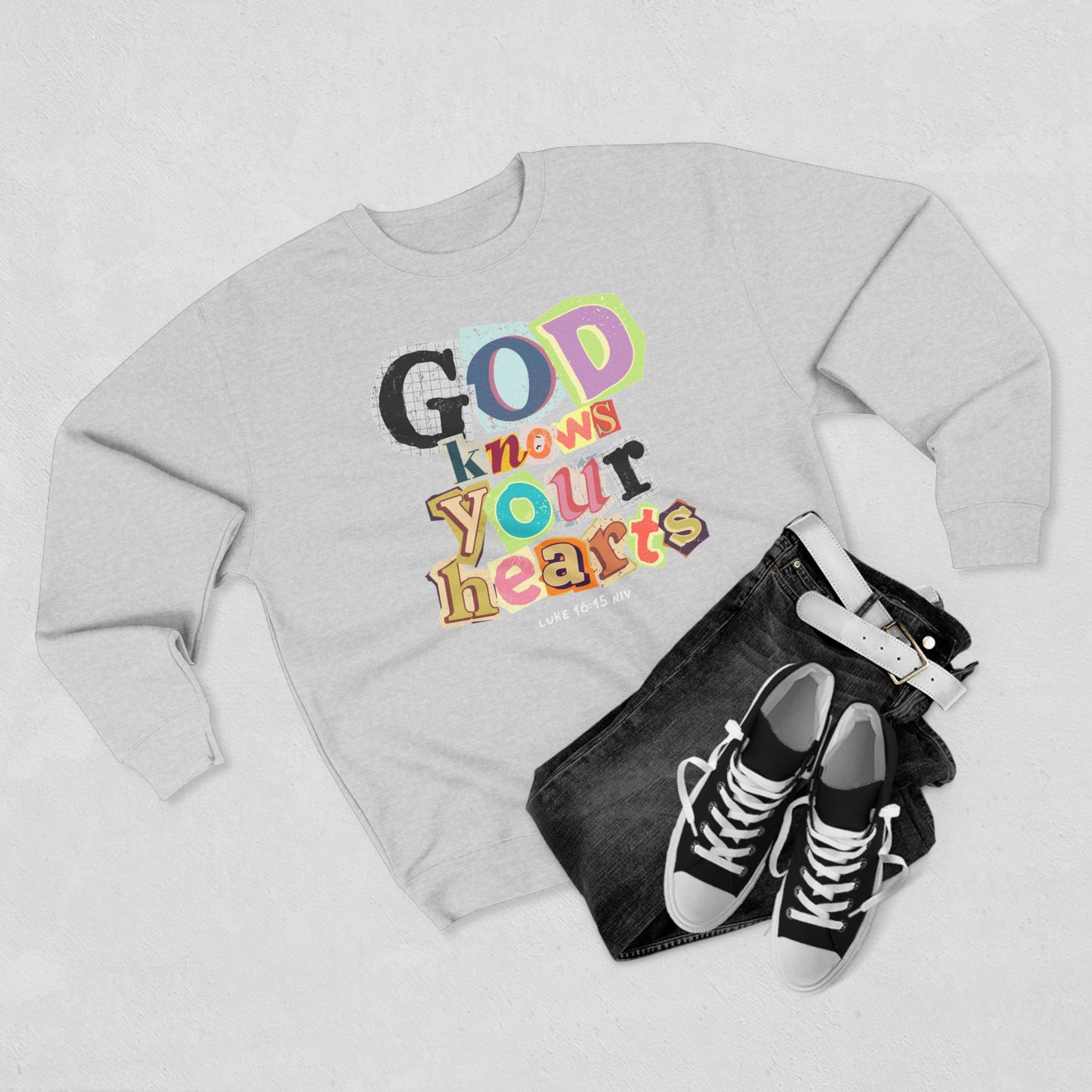 True World Creations Crewneck Sweatshirt - 'God Knows Your Hearts'