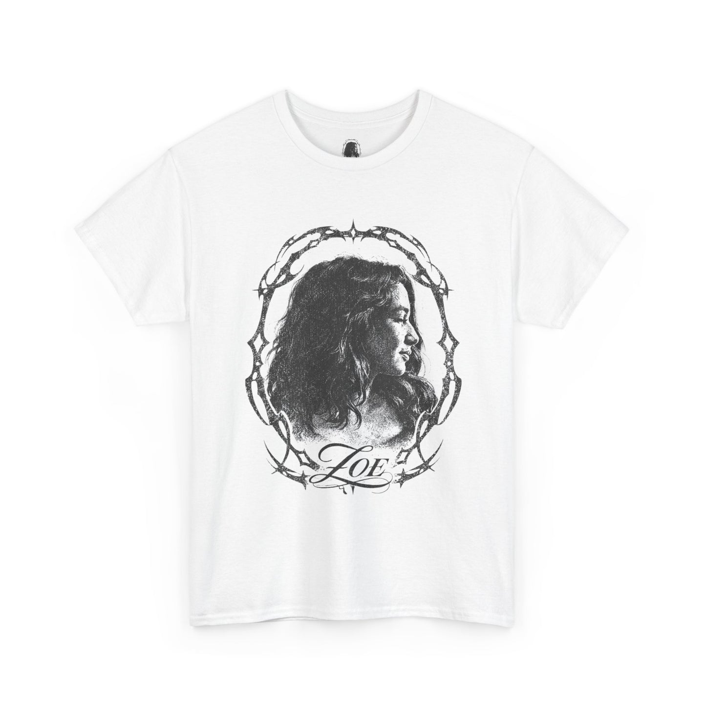 Portrait graphic Tee — "Zoe" Vintage Barbed-Wire Frame