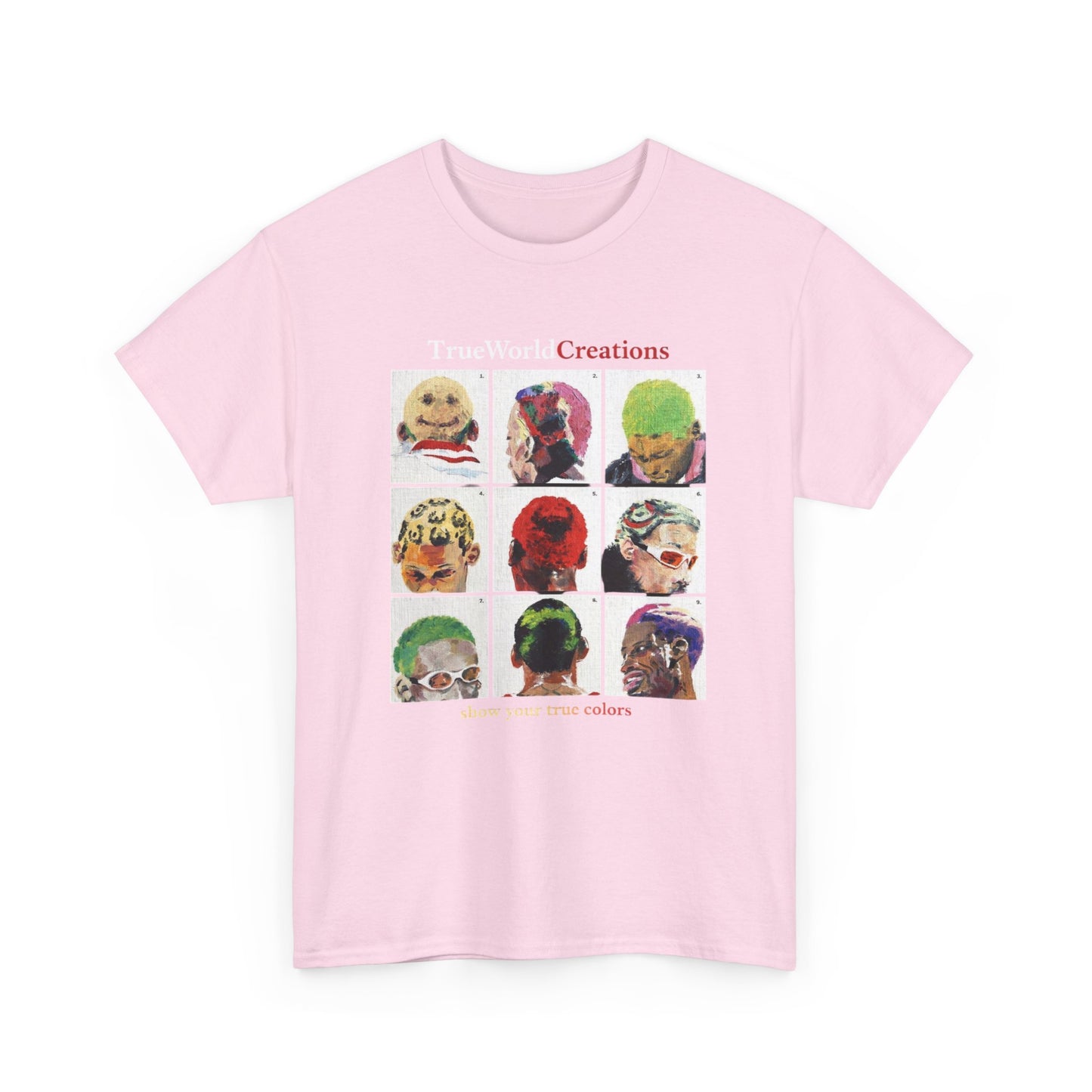 TrueWorld Creations 'Show Your True Colours' Rodman Graphic Tee — Colorful Pop Art Dog Collage