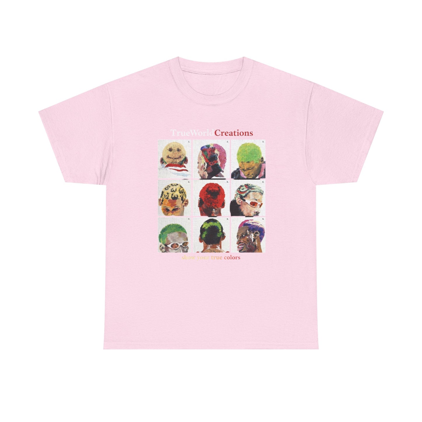 TrueWorld Creations 'Show Your True Colours' Rodman Graphic Tee — Colorful Pop Art Dog Collage