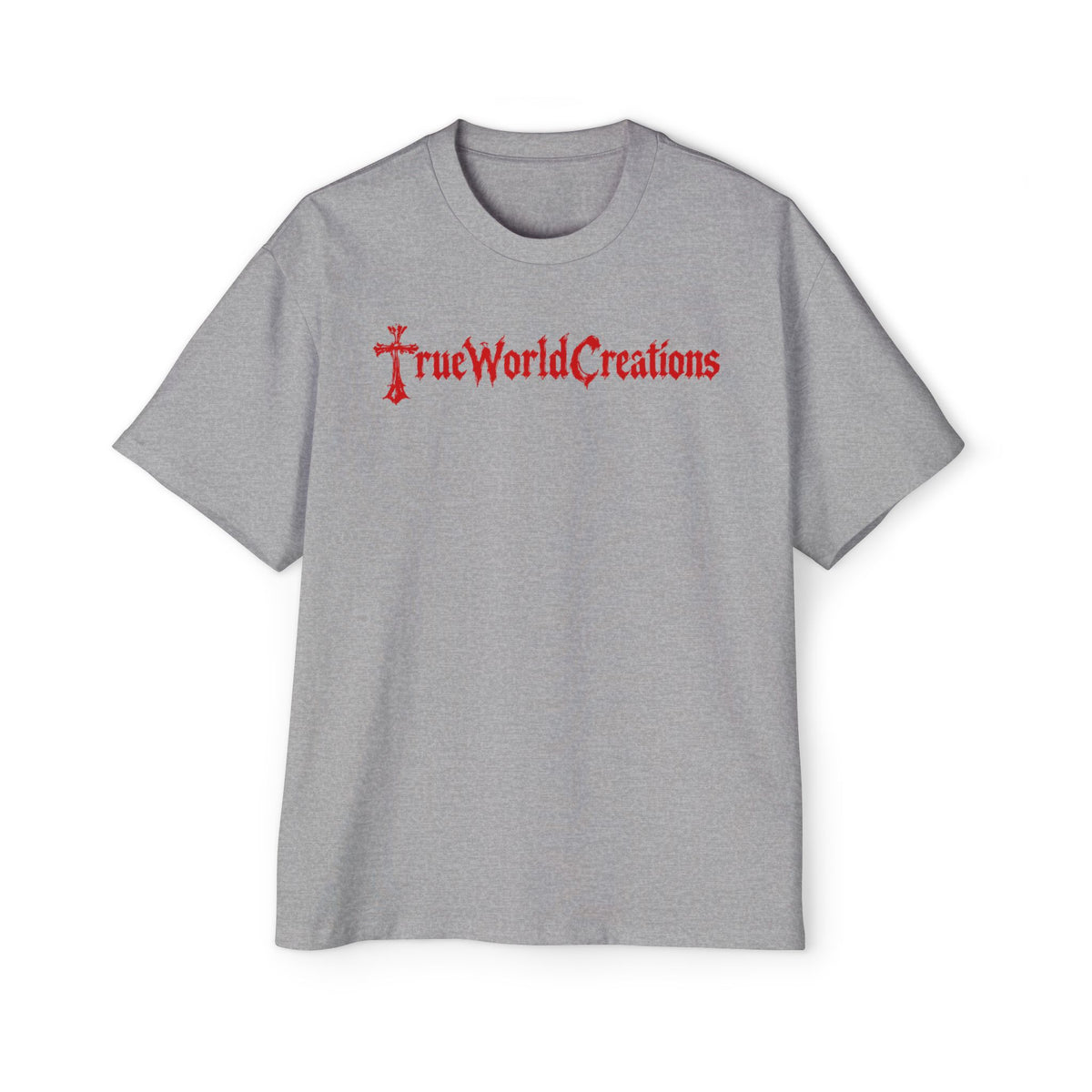 TrueWorldCreations red Cross Tee — Oversized White Graphic T‑Shirt