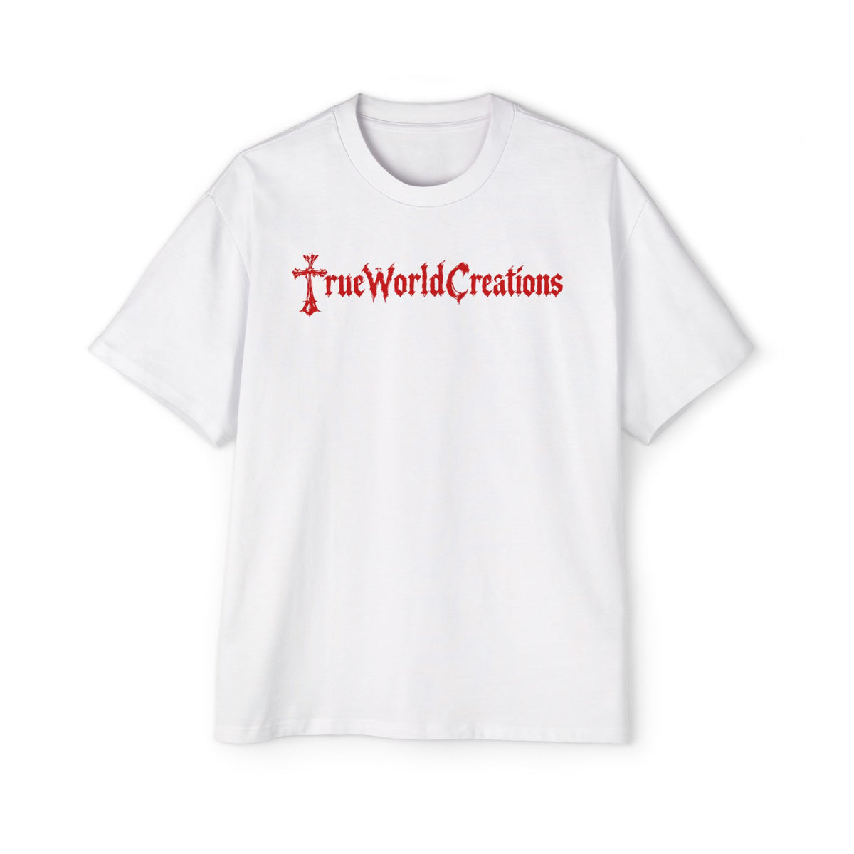 TrueWorldCreations red Cross Tee — Oversized White Graphic T‑Shirt