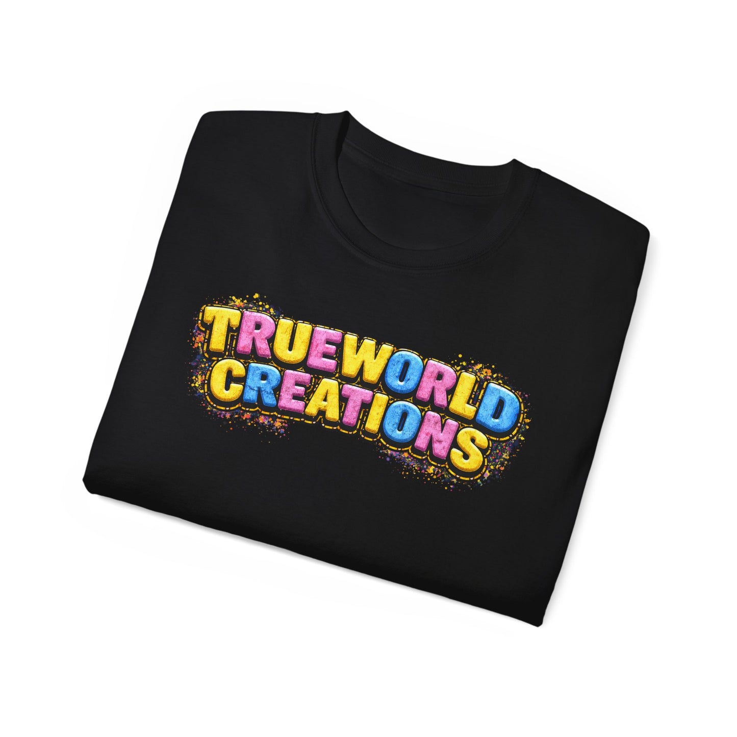 Graphic Tee — "Trueworld Creations" Colorful Logo & Lip Pill Back Print