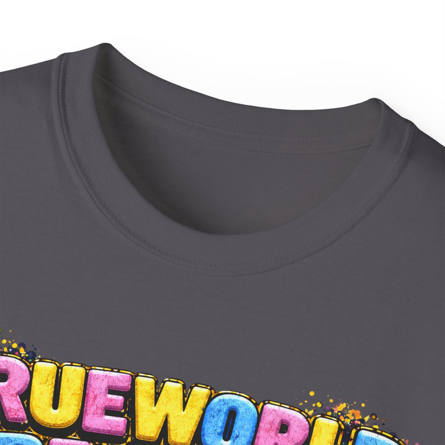 Graphic Tee — "Trueworld Creations" Colorful Logo & Lip Pill Back Print