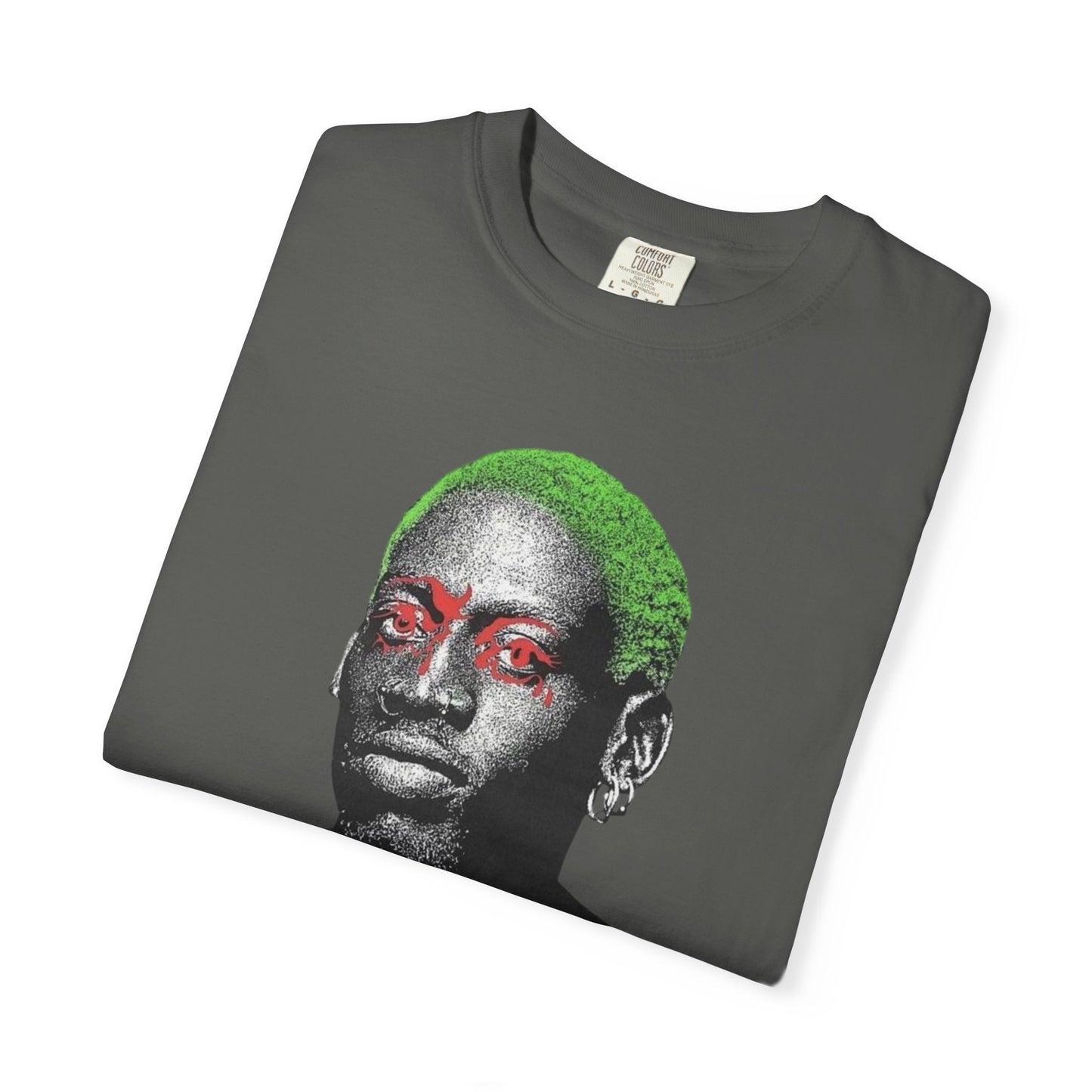 Graphic T-Shirt — Rodman  Portrait with Green Hair & Red Eyes (Edgy Art Tee)