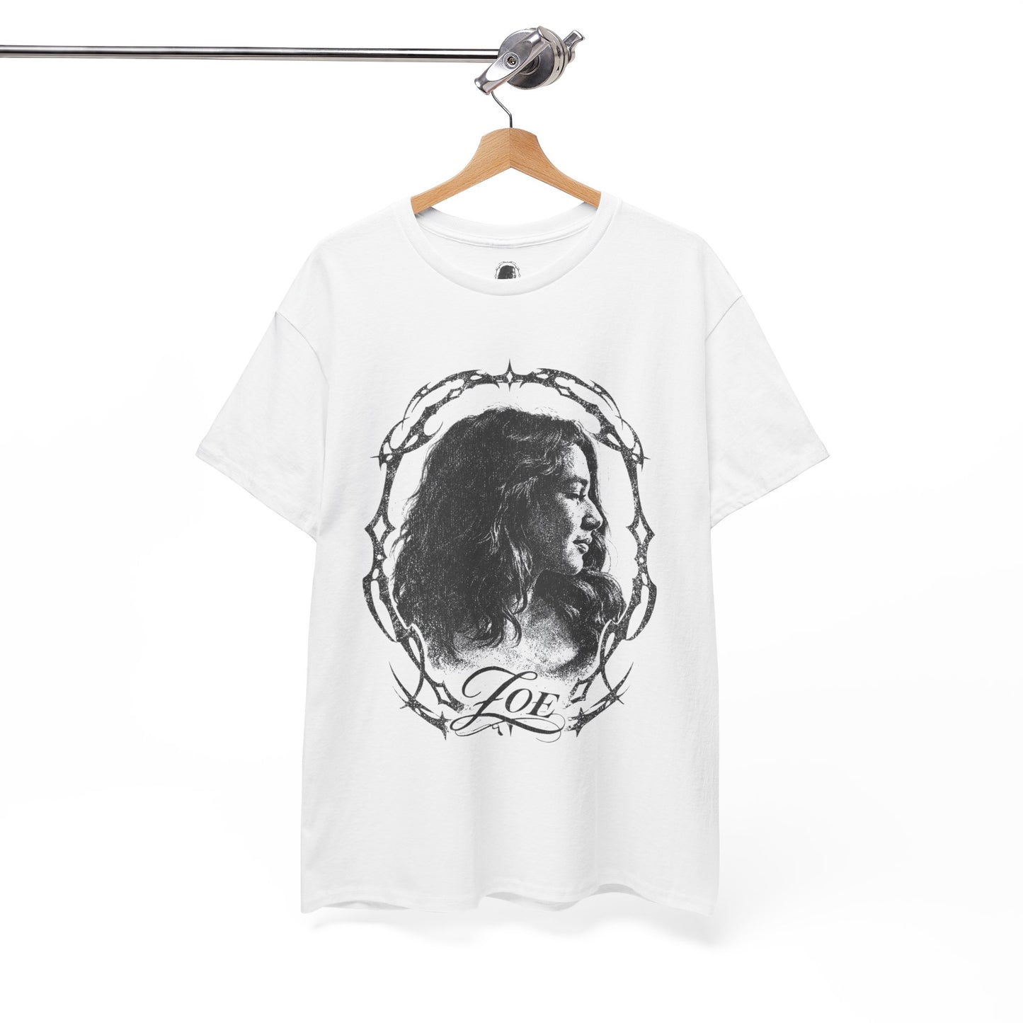Portrait graphic Tee — "Zoe" Vintage Barbed-Wire Frame