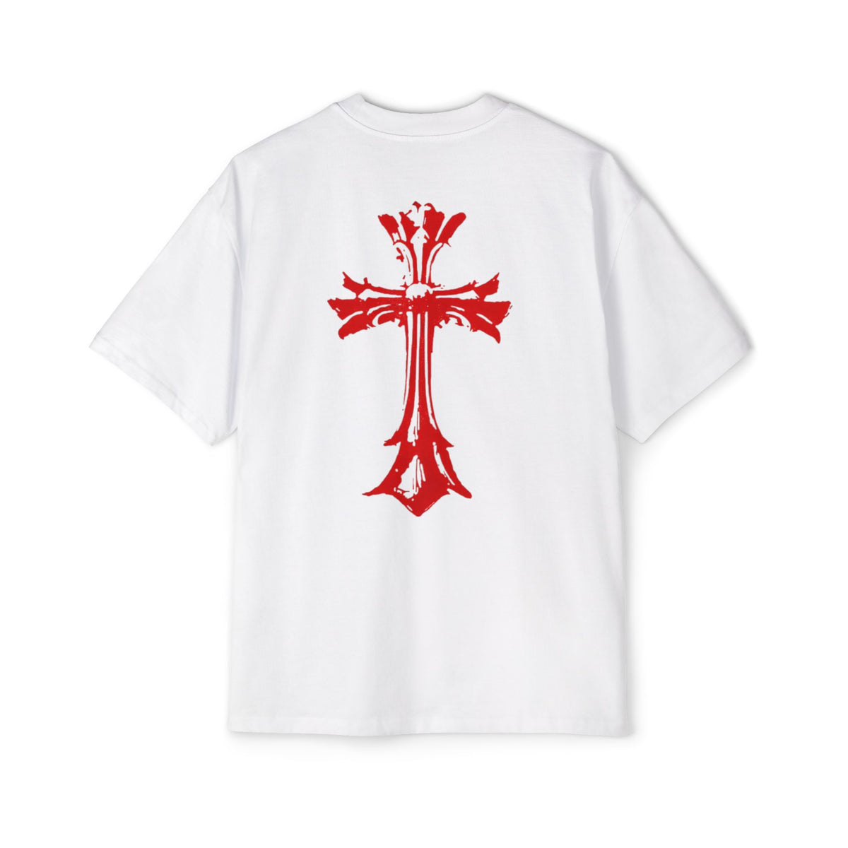 TrueWorldCreations red Cross Tee — Oversized White Graphic T‑Shirt