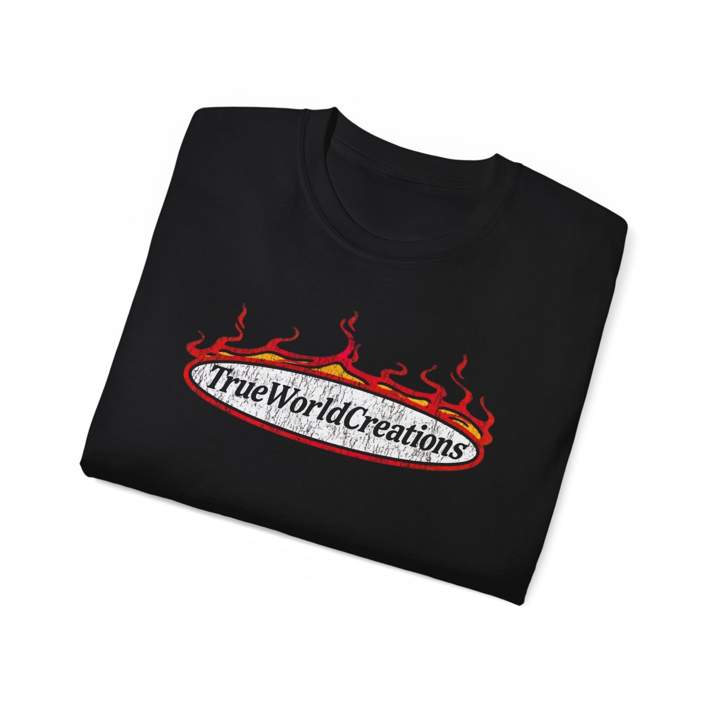 Graphic Tee — 'TrueWorldCreations' Flame Logo Cotton T-Shirt