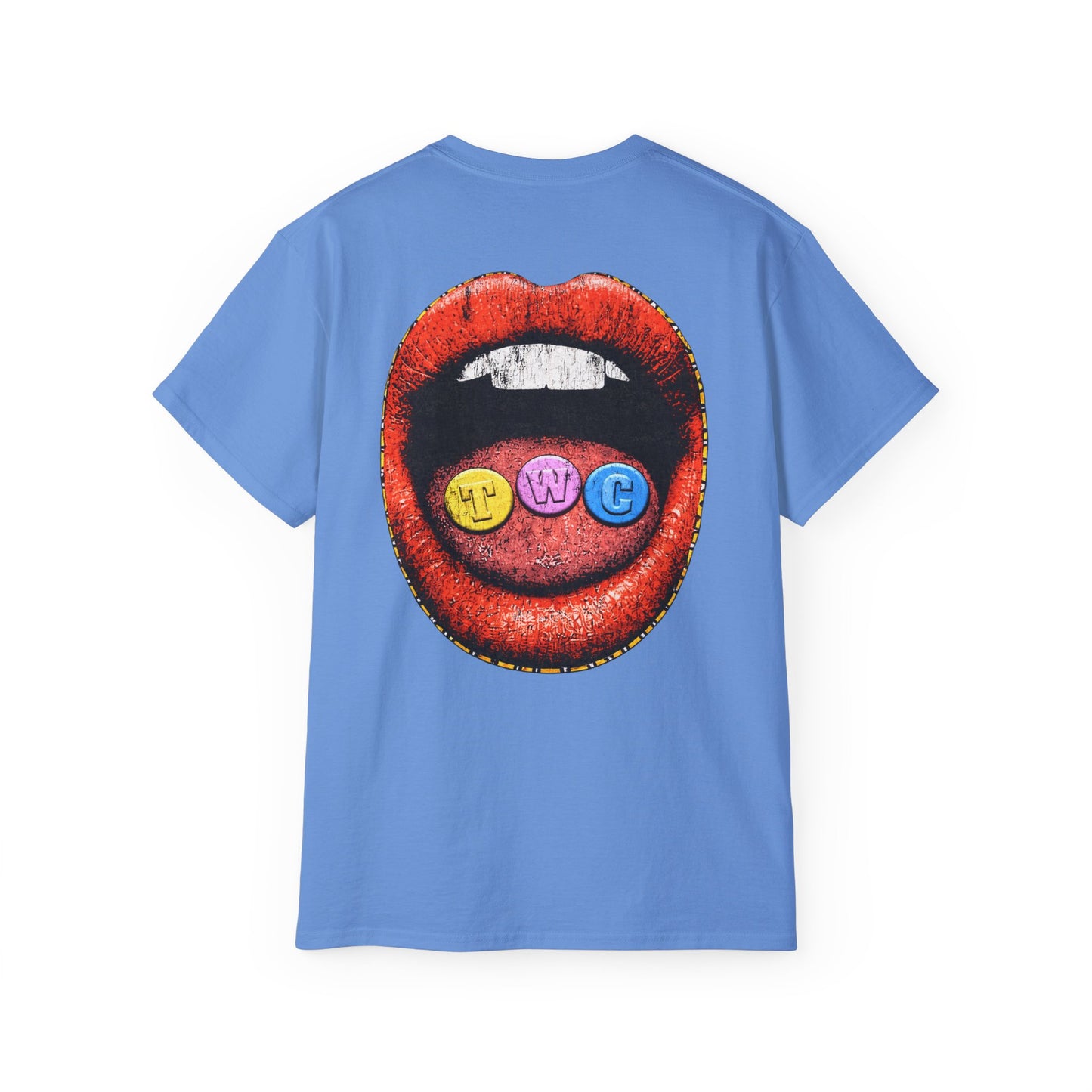 Graphic Tee — "Trueworld Creations" Colorful Logo & Lip Pill Back Print