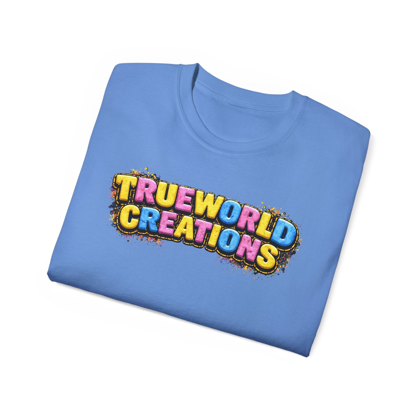 Graphic Tee — "Trueworld Creations" Colorful Logo & Lip Pill Back Print