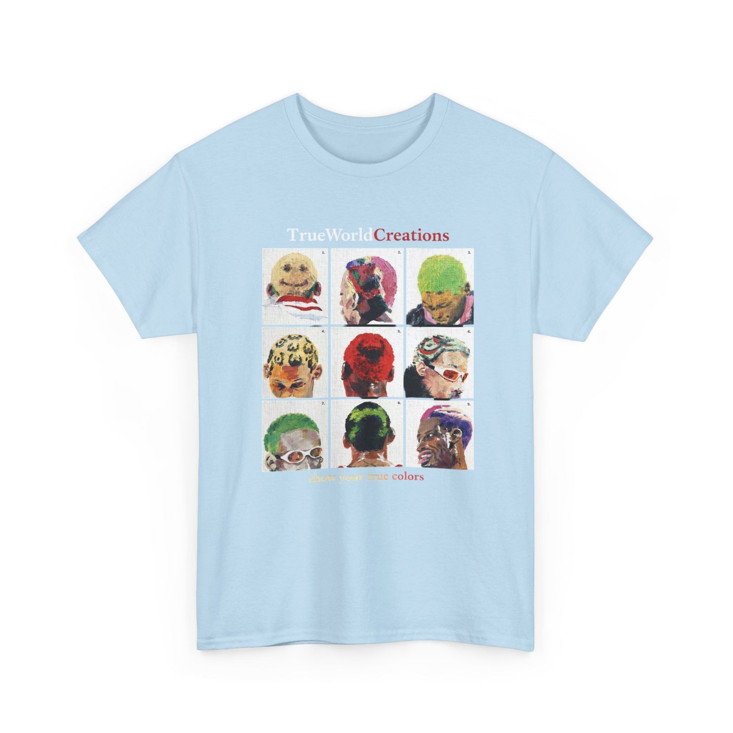 TrueWorld Creations 'Show Your True Colours' Rodman Graphic Tee — Colorful Pop Art Dog Collage