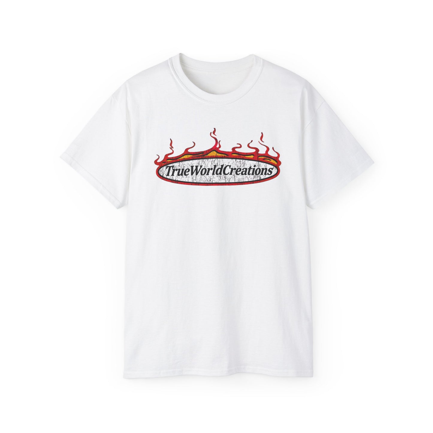 Graphic Tee — 'TrueWorldCreations' Flame Logo Cotton T-Shirt