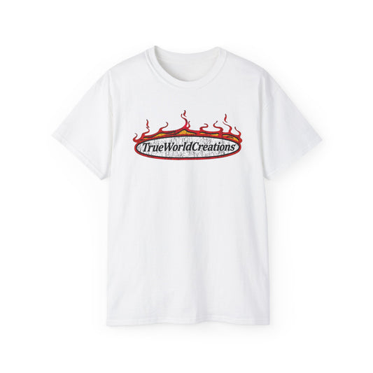 Graphic Tee — 'TrueWorldCreations' Flame Logo Cotton T-Shirt