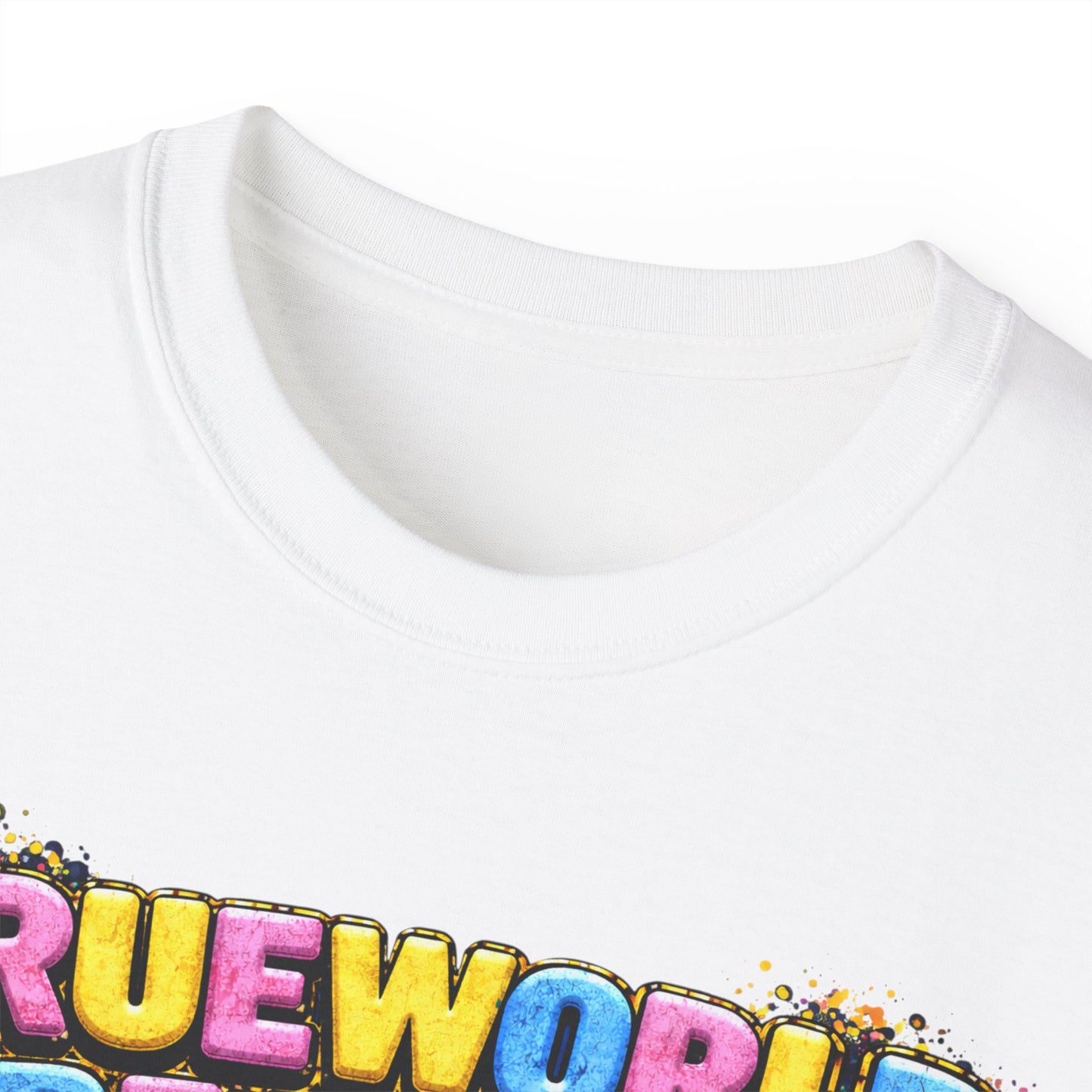 Graphic Tee — "Trueworld Creations" Colorful Logo & Lip Pill Back Print