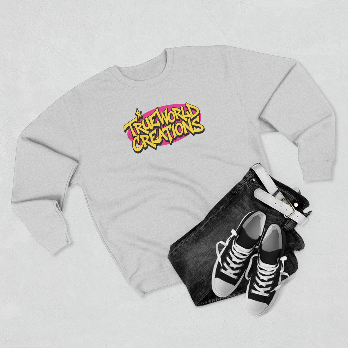True World Creations Crewneck Sweatshirt — Retro Cartoon Alien Graphic