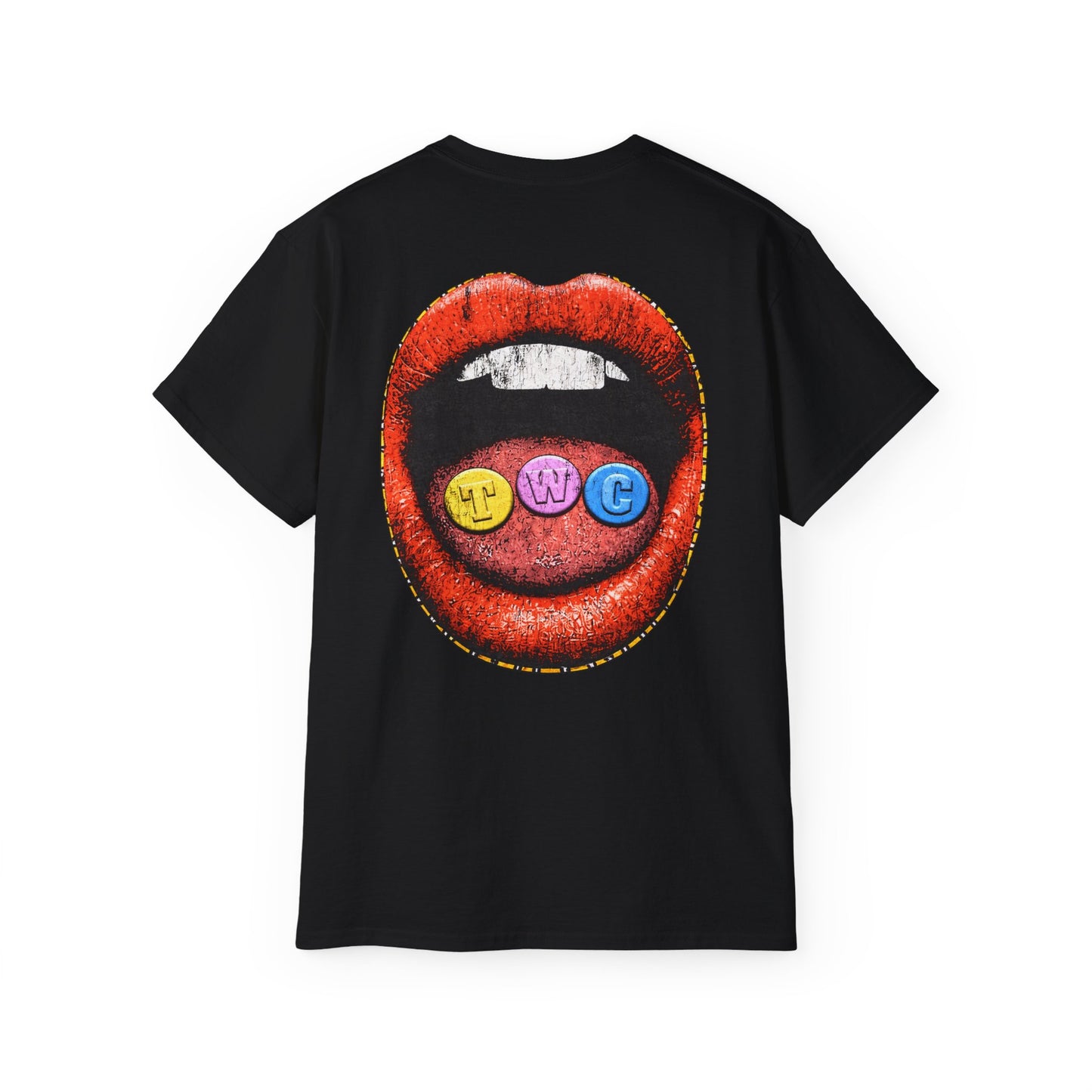 Graphic Tee — "Trueworld Creations" Colorful Logo & Lip Pill Back Print