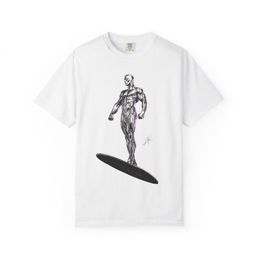 Surfing Silver Surfer Tee — Metallic Surfer Graphic T-Shirt