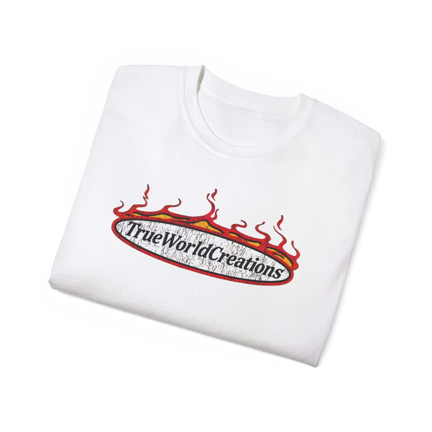 Graphic Tee — 'TrueWorldCreations' Flame Logo Cotton T-Shirt