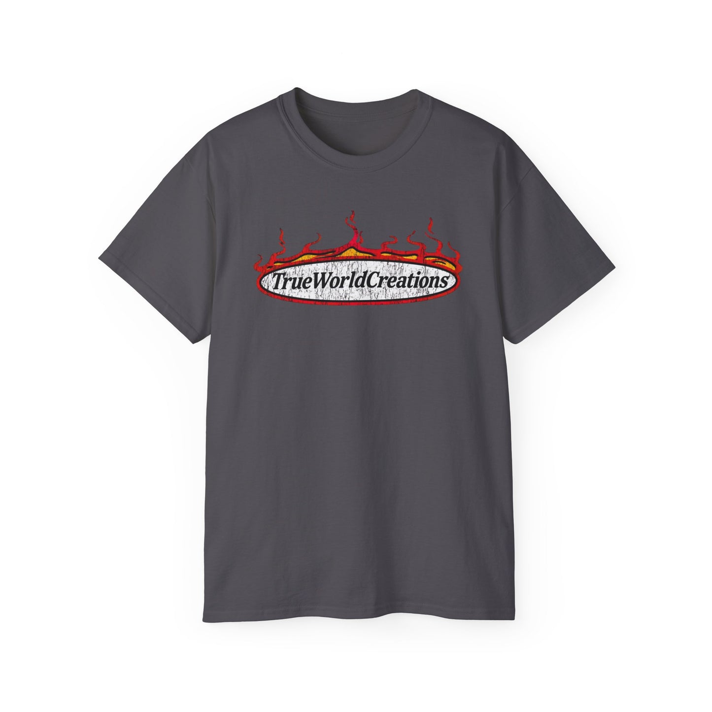 Graphic Tee — 'TrueWorldCreations' Flame Logo Cotton T-Shirt