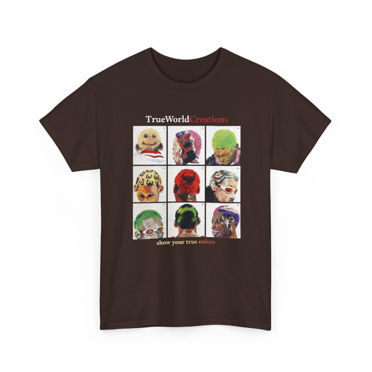 TrueWorld Creations 'Show Your True Colours' Rodman Graphic Tee — Colorful Pop Art Dog Collage