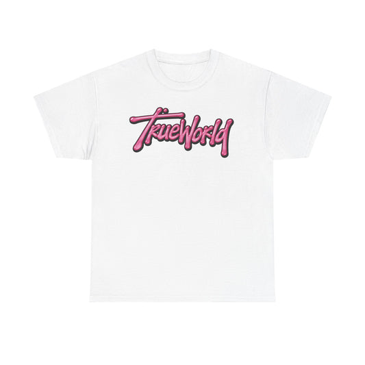 TrueWorld Graphic Tee — Pink Retro Script T-Shirt