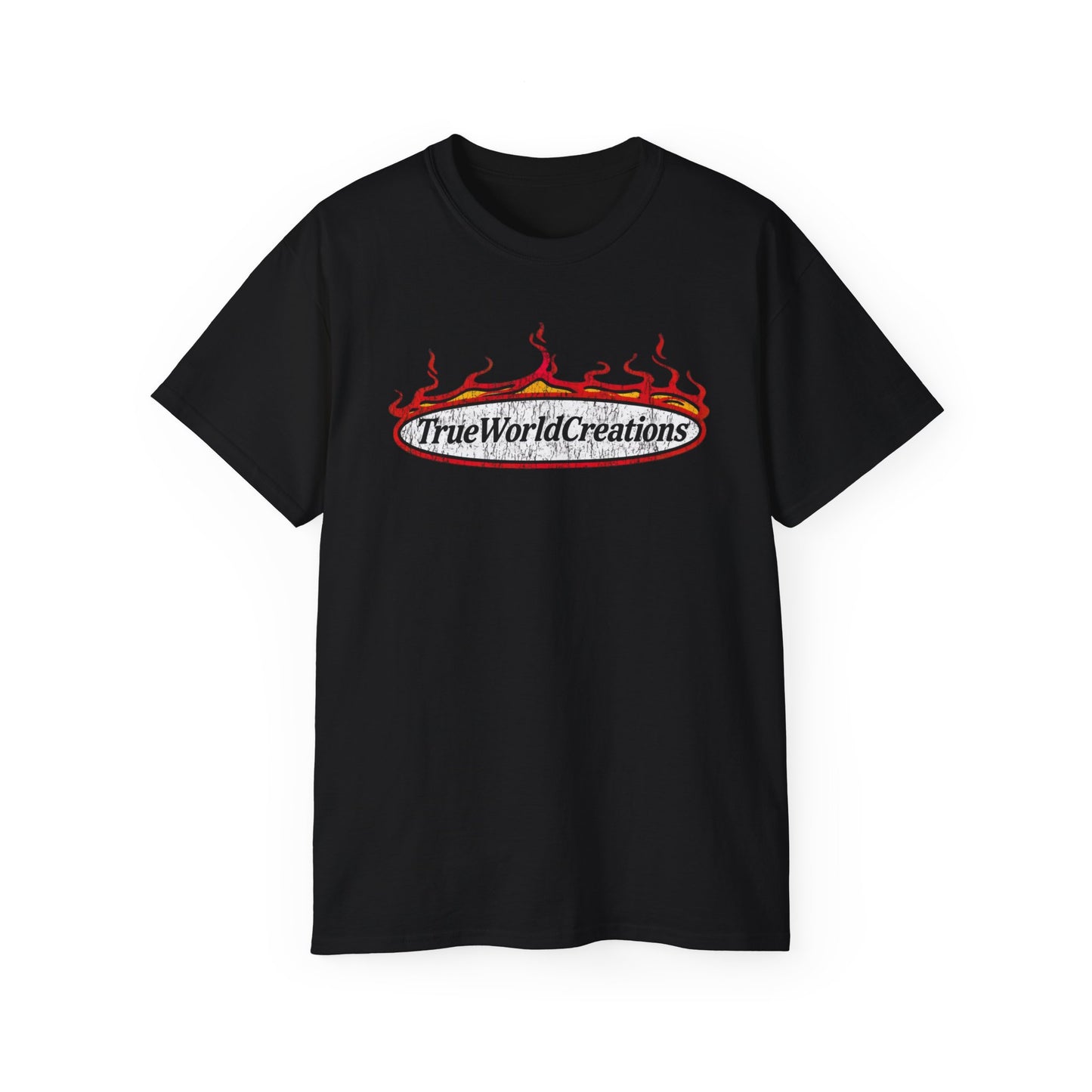 Graphic Tee — 'TrueWorldCreations' Flame Logo Cotton T-Shirt