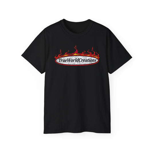 Graphic Tee — 'TrueWorldCreations' Flame Logo Cotton T-Shirt