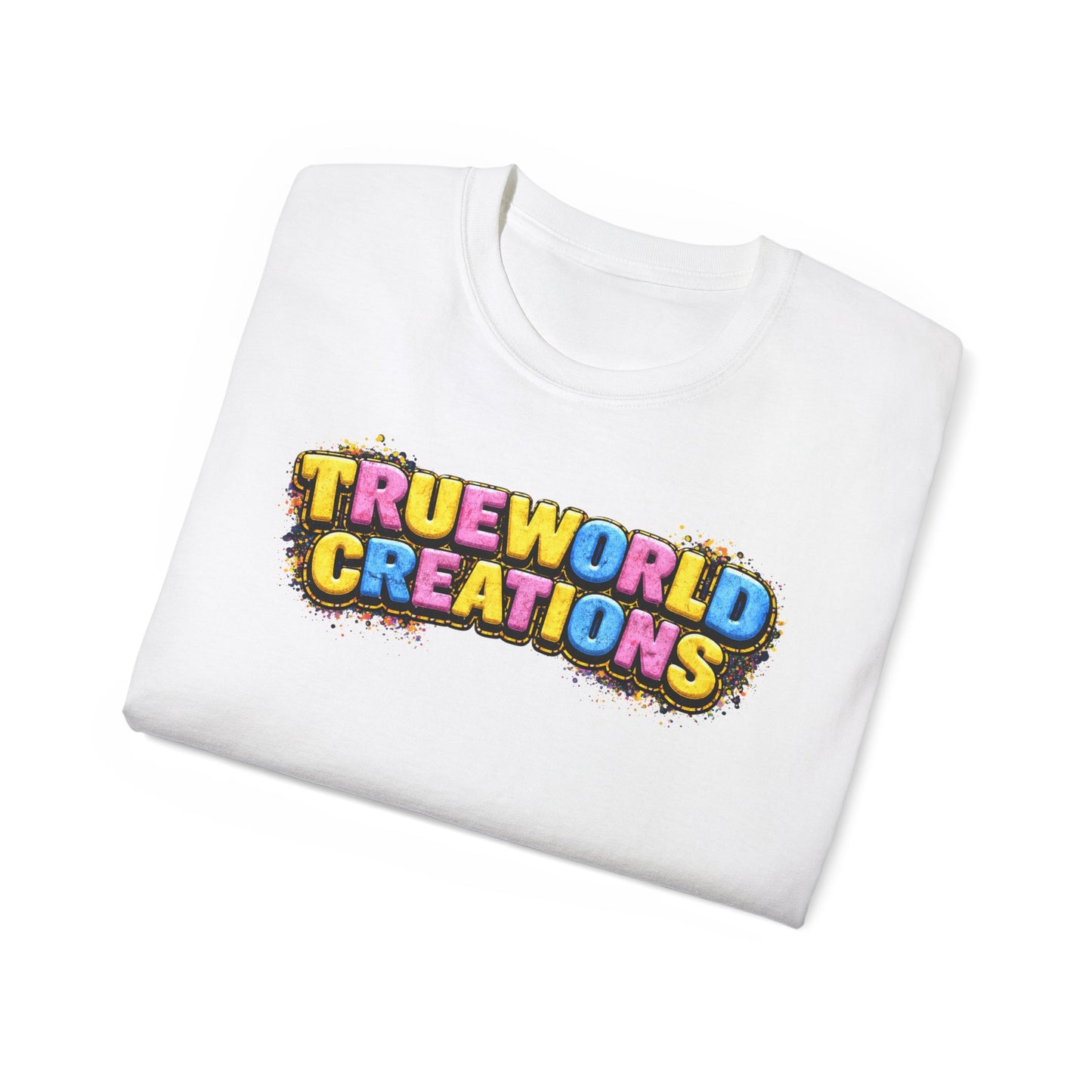 Graphic Tee — "Trueworld Creations" Colorful Logo & Lip Pill Back Print