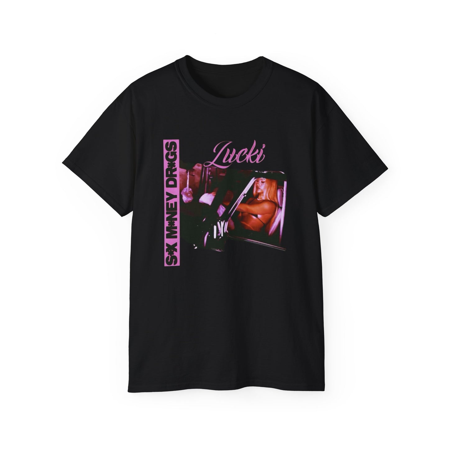 Retro Pink 'Lucki' Car Photo Tee - Aesthetic Graphic T-Shirt