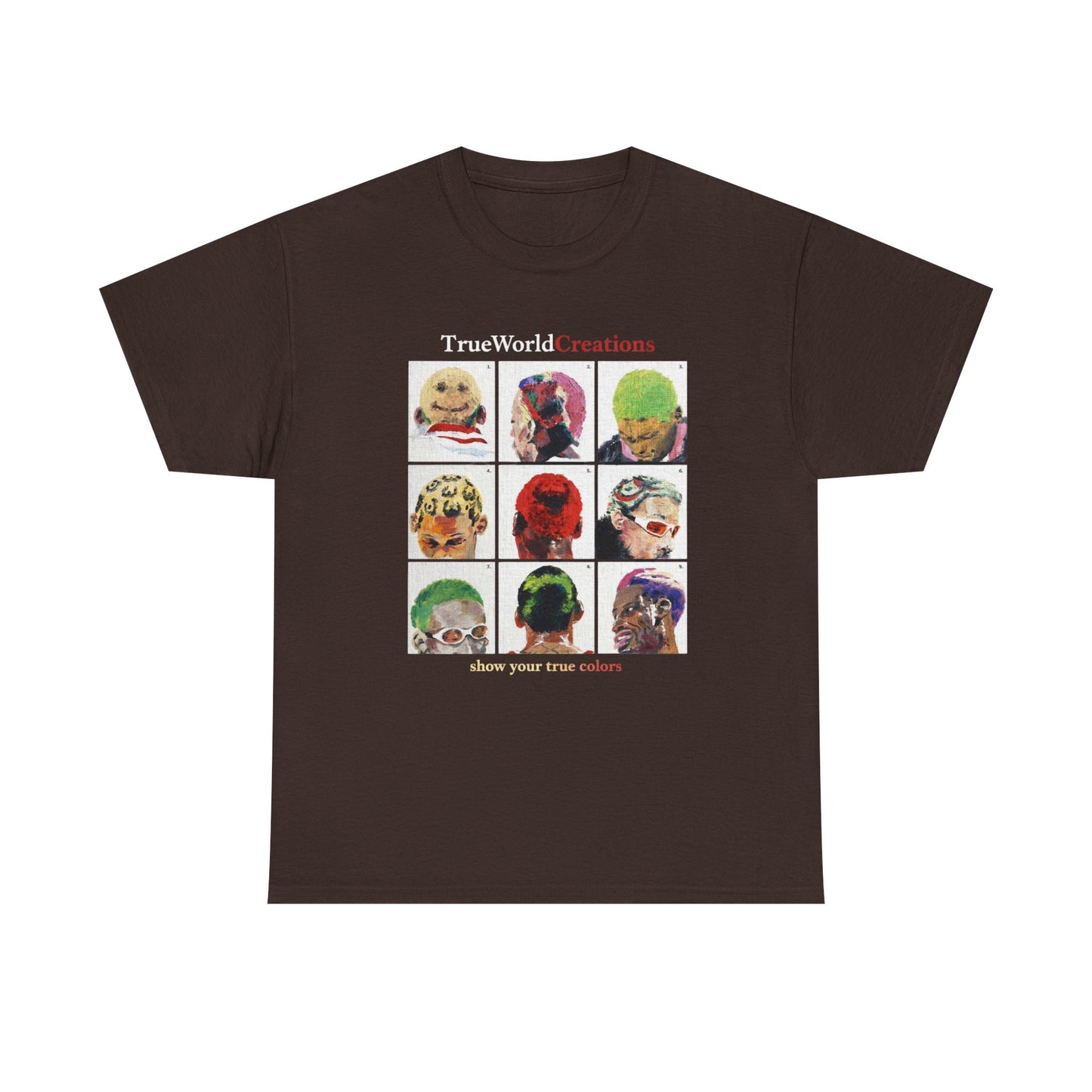 TrueWorld Creations 'Show Your True Colours' Rodman Graphic Tee — Colorful Pop Art Dog Collage