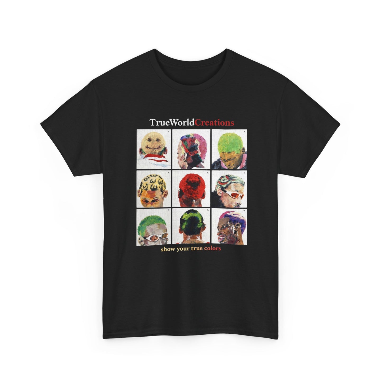 TrueWorld Creations 'Show Your True Colours' Rodman Graphic Tee — Colorful Pop Art Dog Collage