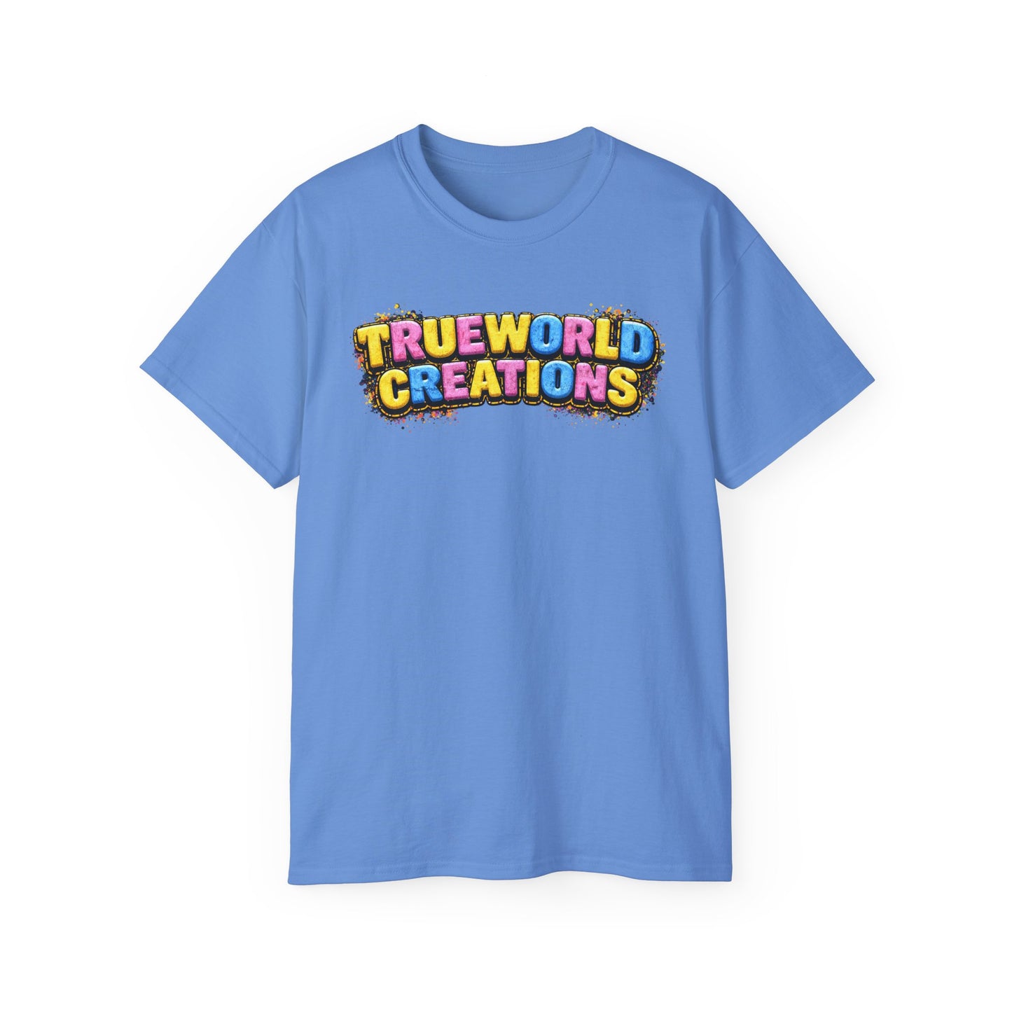Graphic Tee — "Trueworld Creations" Colorful Logo & Lip Pill Back Print
