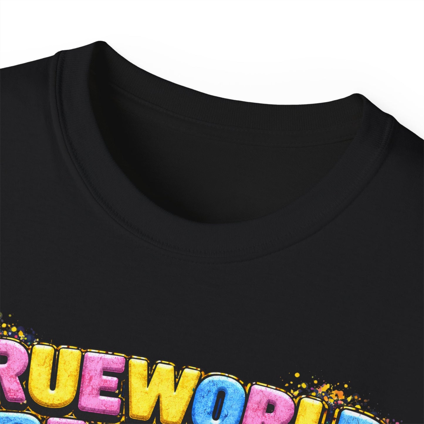 Graphic Tee — "Trueworld Creations" Colorful Logo & Lip Pill Back Print