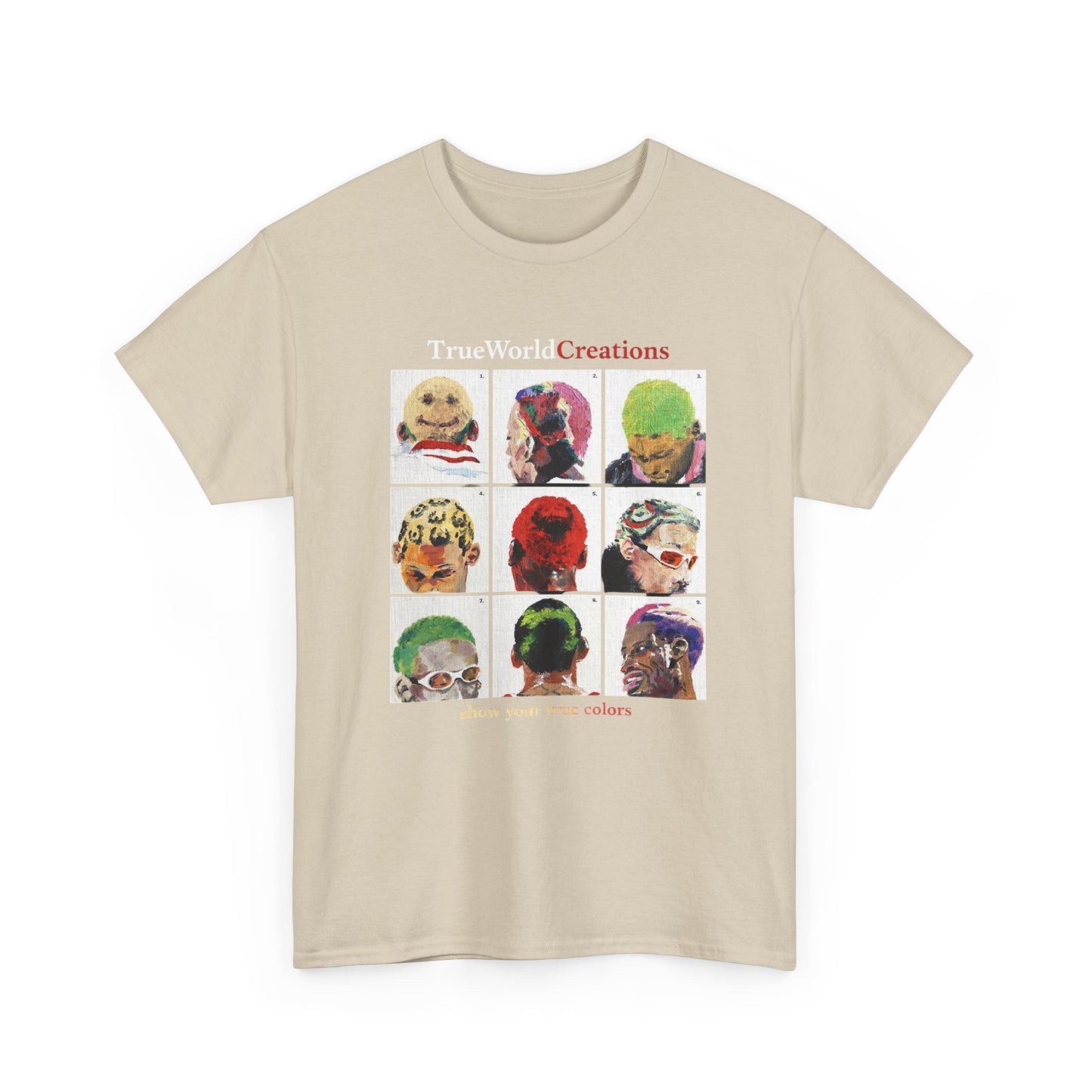 TrueWorld Creations 'Show Your True Colours' Rodman Graphic Tee — Colorful Pop Art Dog Collage