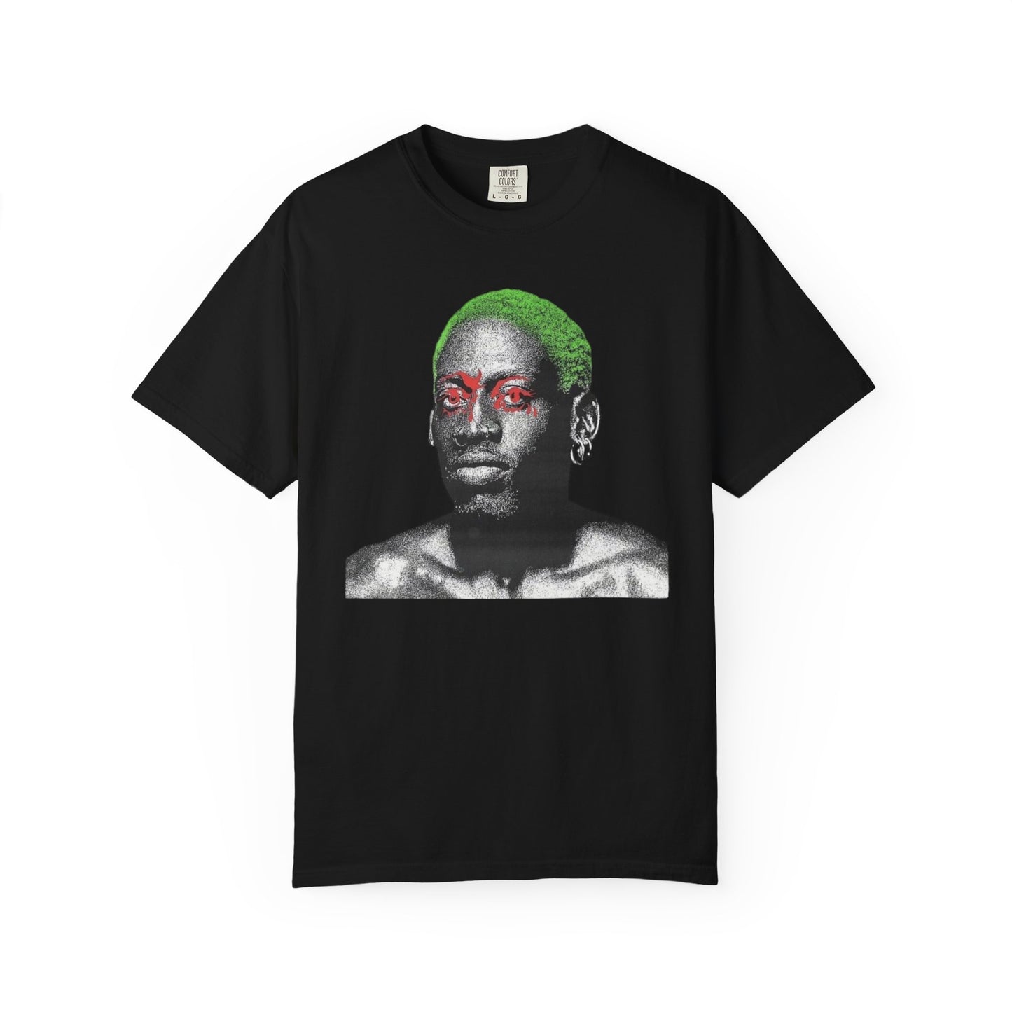 Graphic T-Shirt — Rodman  Portrait with Green Hair & Red Eyes (Edgy Art Tee)