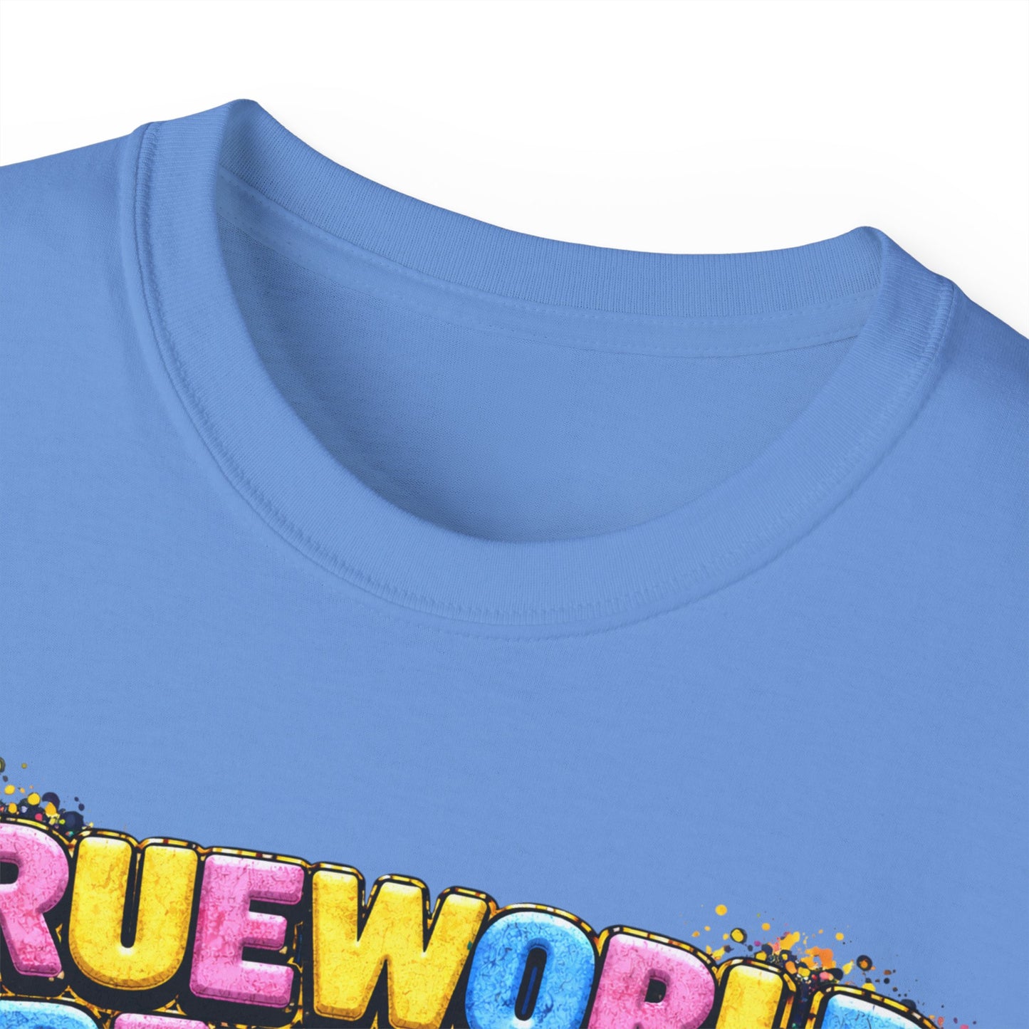 Graphic Tee — "Trueworld Creations" Colorful Logo & Lip Pill Back Print