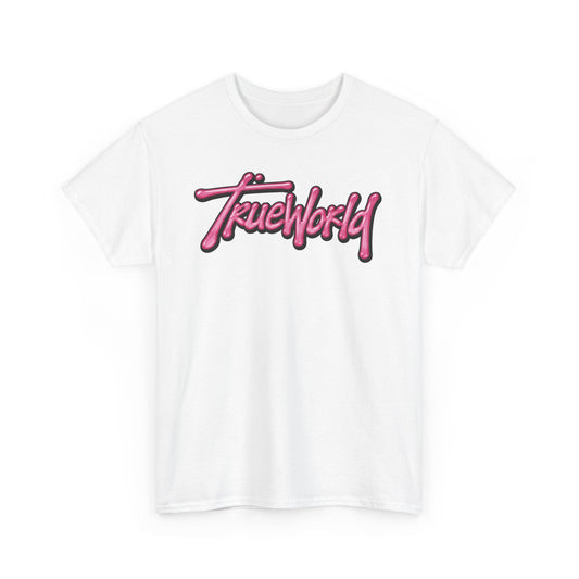 TrueWorld Graphic Tee — Pink Retro Script T-Shirt