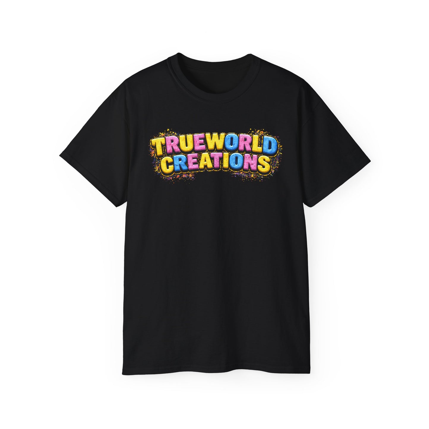 Graphic Tee — "Trueworld Creations" Colorful Logo & Lip Pill Back Print
