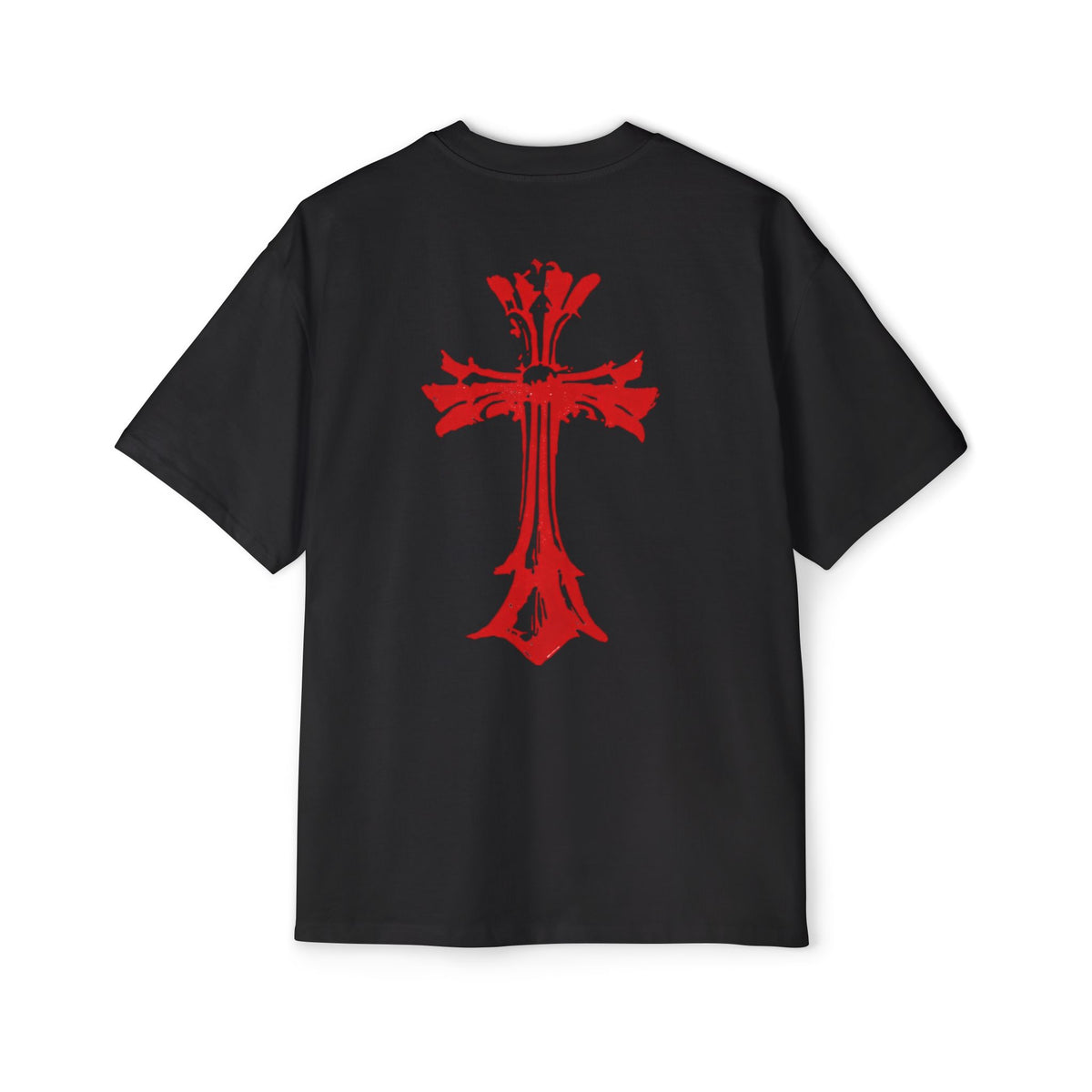TrueWorldCreations red Cross Tee — Oversized White Graphic T‑Shirt