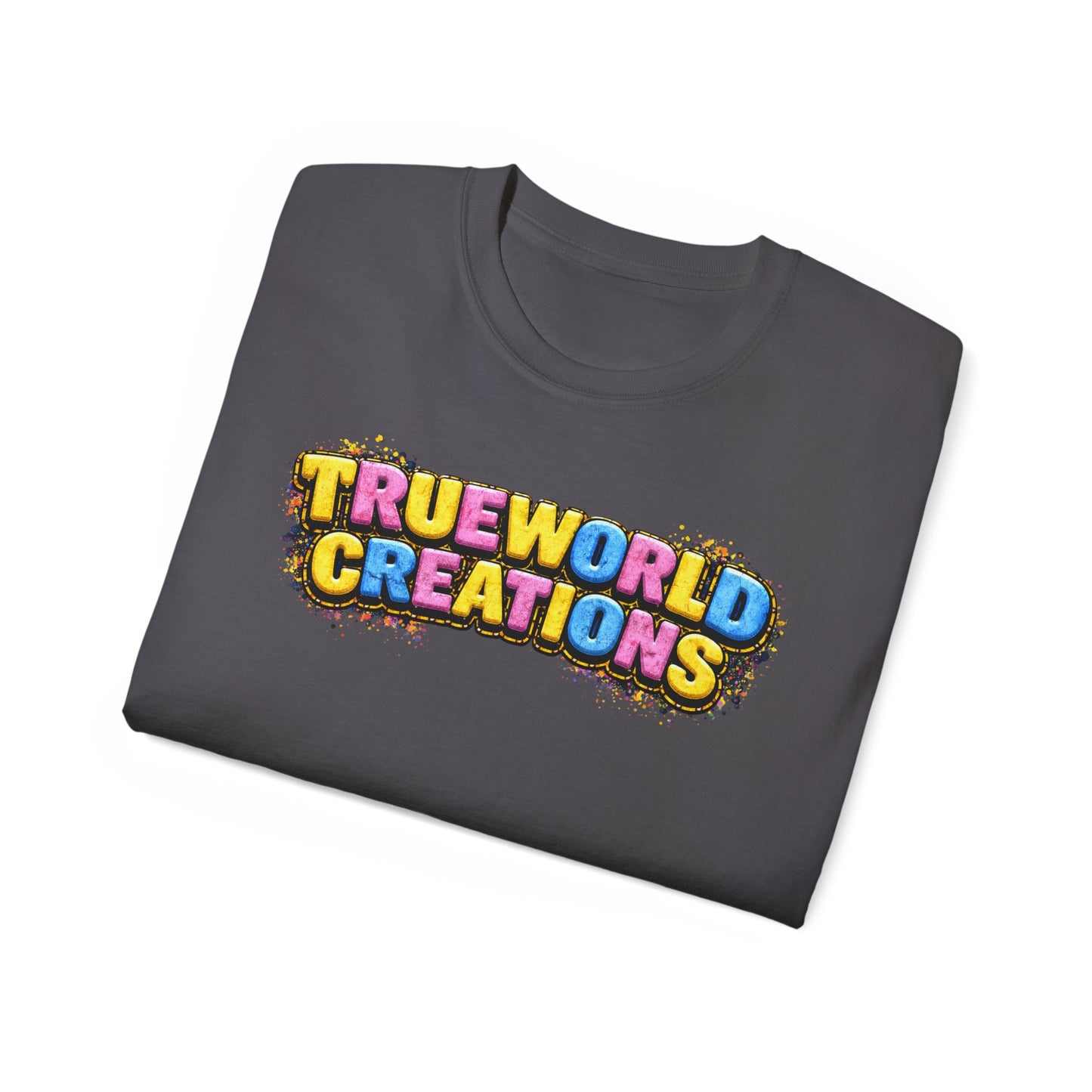 Graphic Tee — "Trueworld Creations" Colorful Logo & Lip Pill Back Print