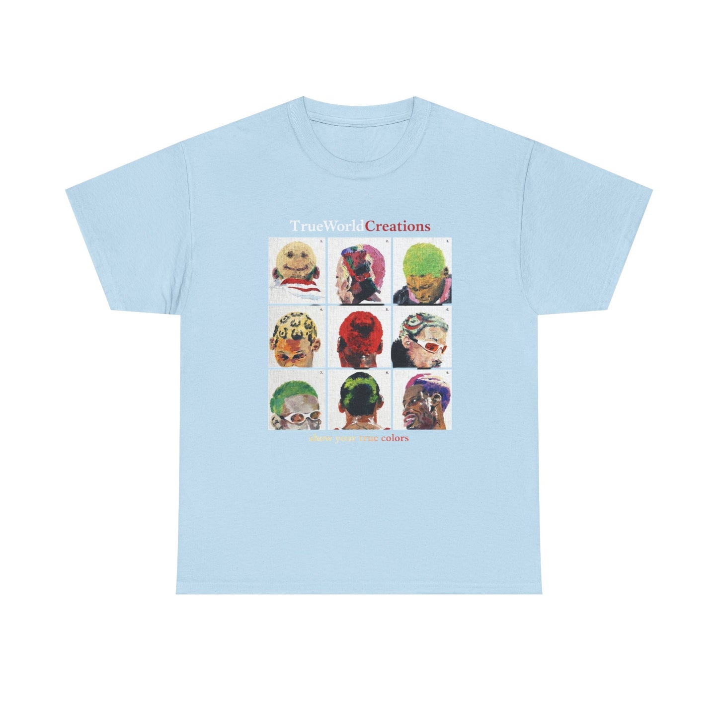 TrueWorld Creations 'Show Your True Colours' Rodman Graphic Tee — Colorful Pop Art Dog Collage