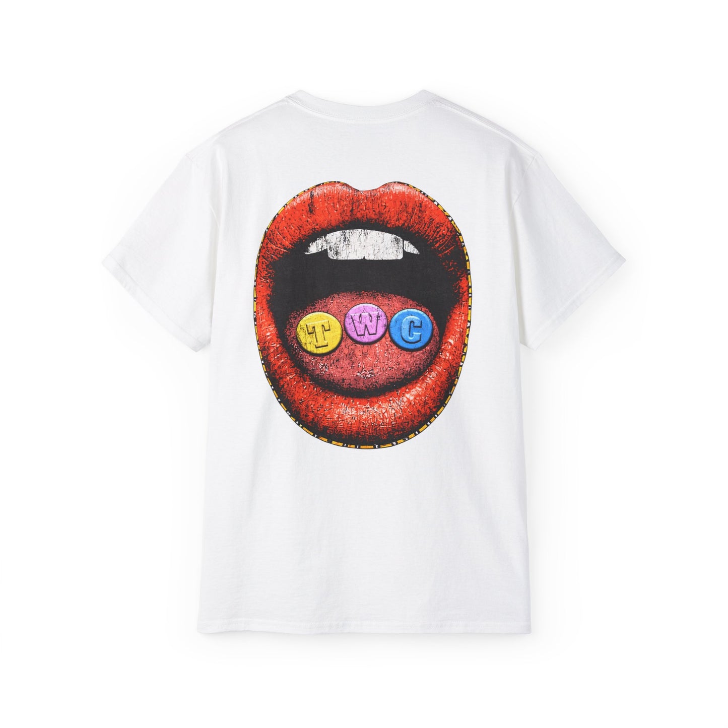 Graphic Tee — "Trueworld Creations" Colorful Logo & Lip Pill Back Print