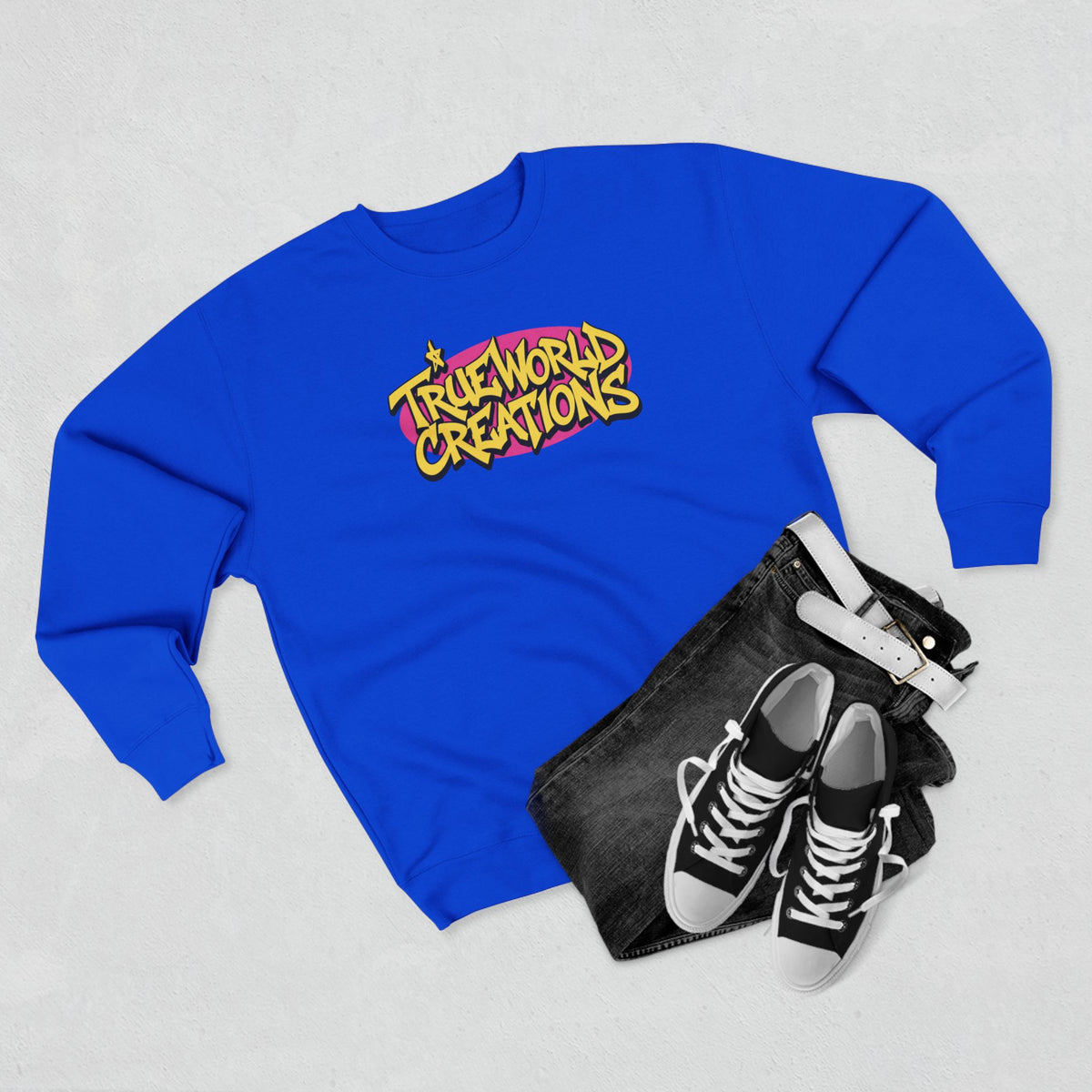 True World Creations Crewneck Sweatshirt — Retro Cartoon Alien Graphic