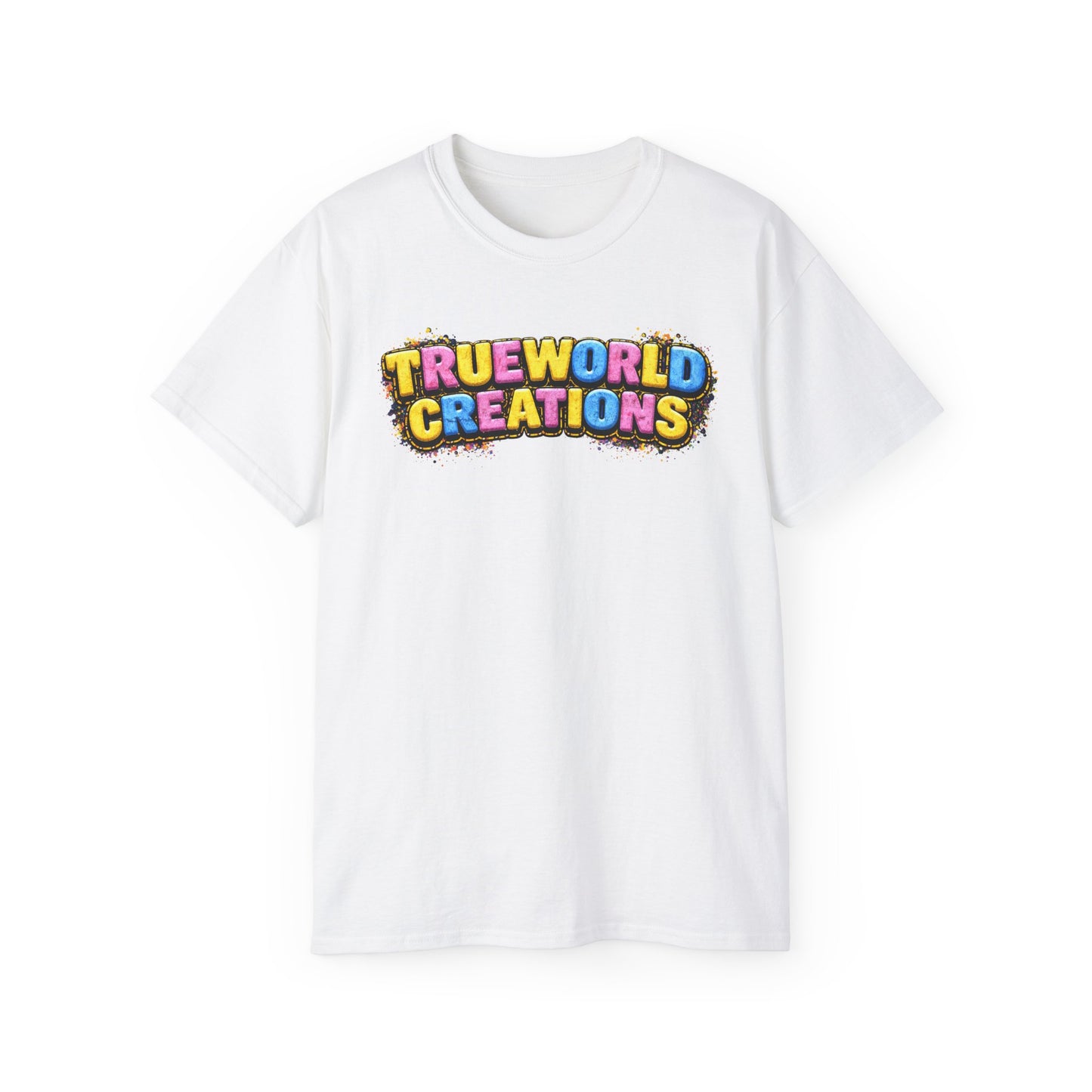 Graphic Tee — "Trueworld Creations" Colorful Logo & Lip Pill Back Print