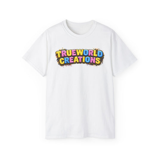 Graphic Tee — "Trueworld Creations" Colorful Logo & Lip Pill Back Print
