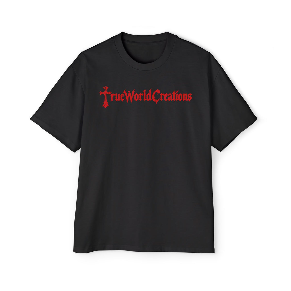 TrueWorldCreations red Cross Tee — Oversized White Graphic T‑Shirt