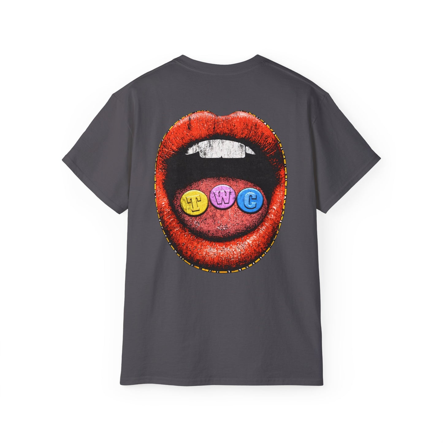 Graphic Tee — "Trueworld Creations" Colorful Logo & Lip Pill Back Print